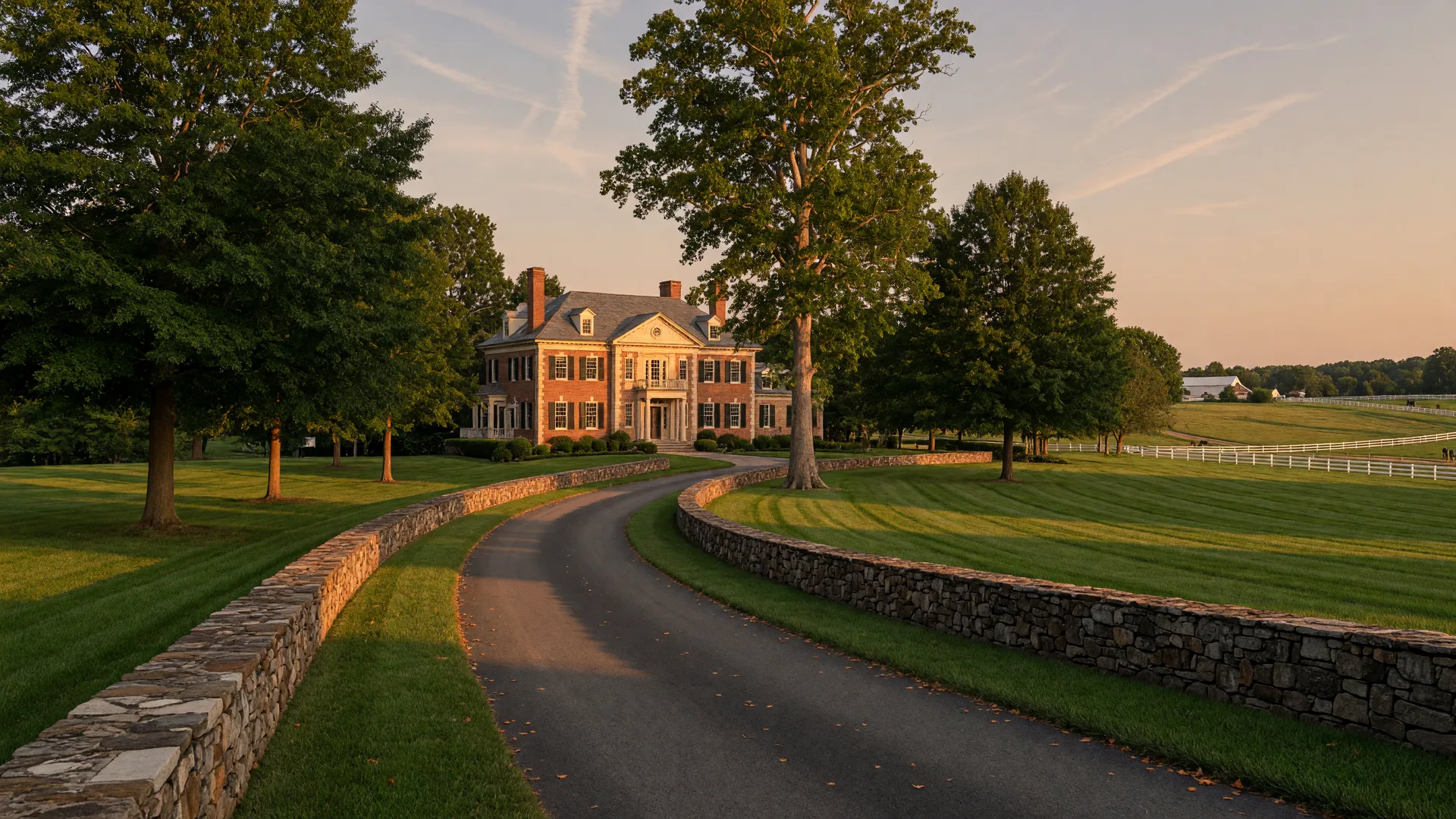 A stately brick and stone colonial home on a long driveway in Potomac, Maryland at golden hour