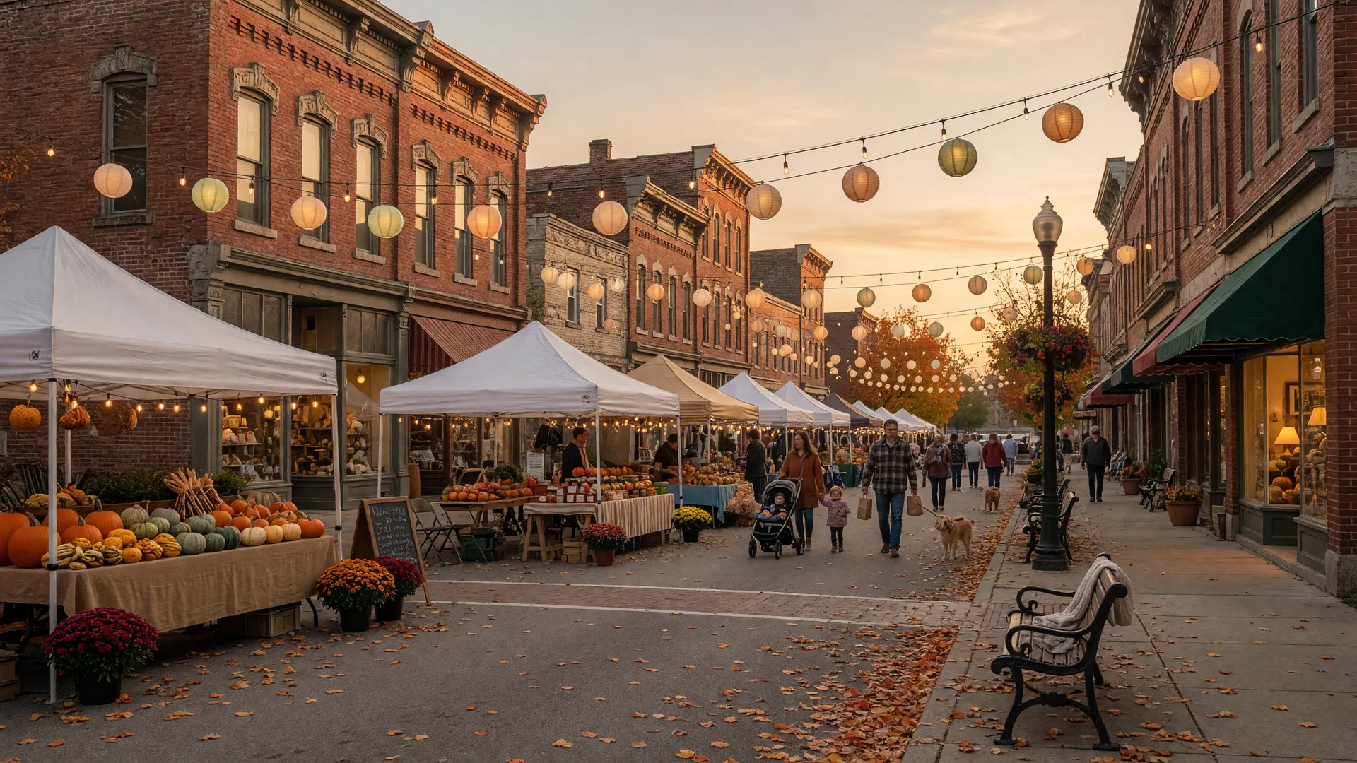 A small Ohio town main street at golden hour during a fall street festival, with string lights, vendor tents, pumpkins, and families strolling between historic brick buildings