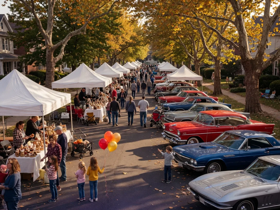 Classic cars lined up along a tree-lined street in Roslyn during a fall festival, families strolling between vintage automobiles and white vendor tents under golden September foliage