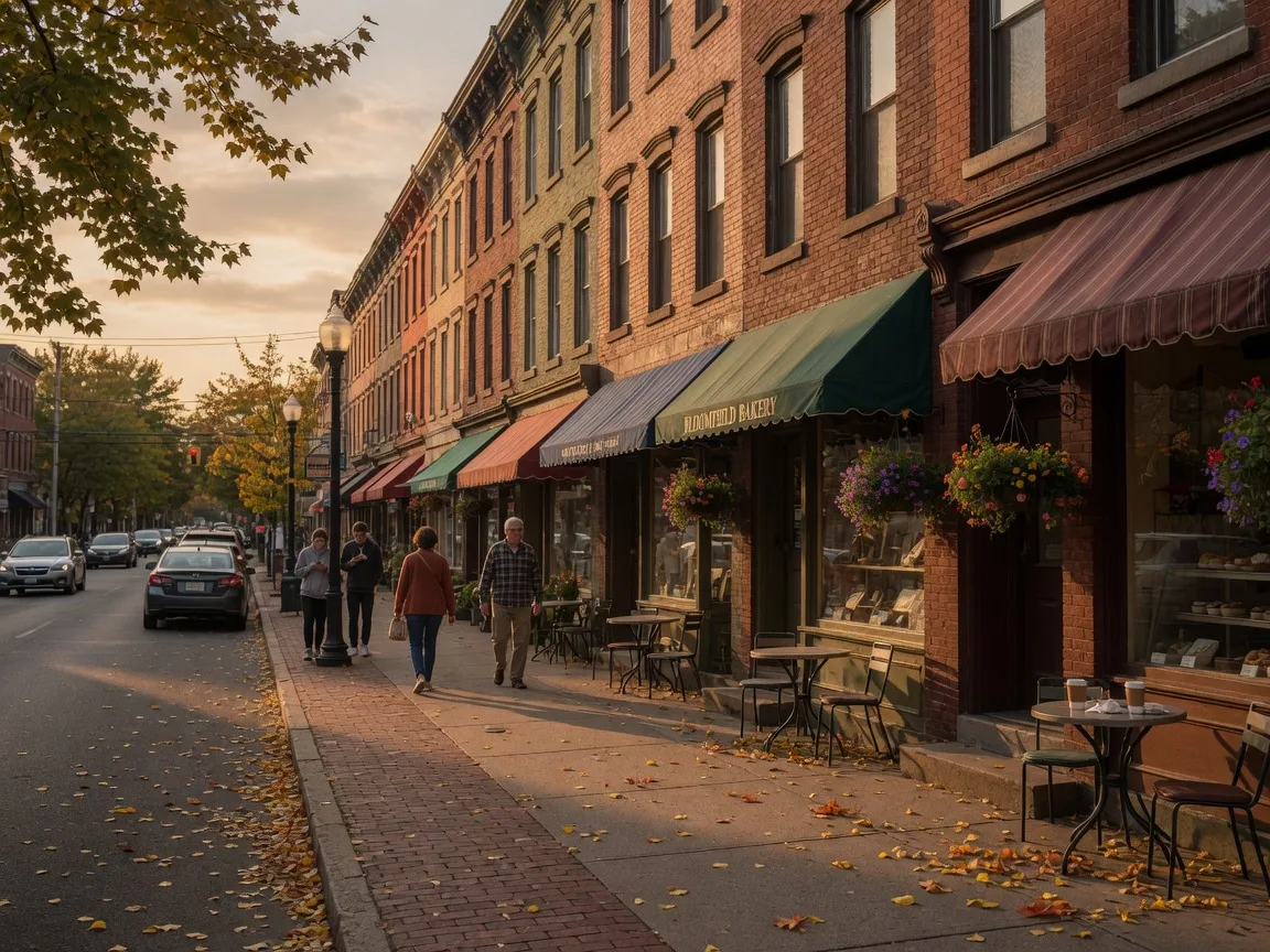 Downtown Bloomfield NJ along Broad Street on a late September afternoon with brick storefronts, café tables with early autumn leaves, hanging flower baskets, and pedestrians on the main street in warm golden light