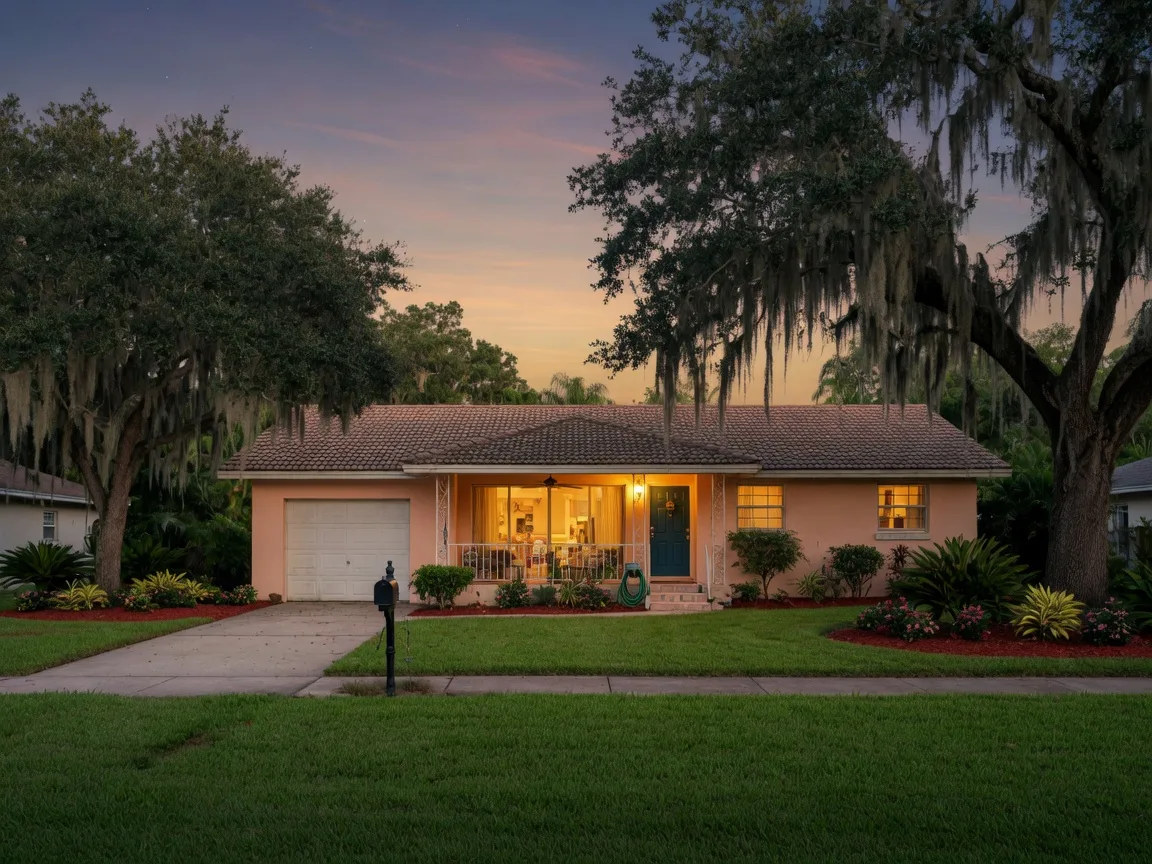An established Central Florida resale home under moss-draped oaks at dusk