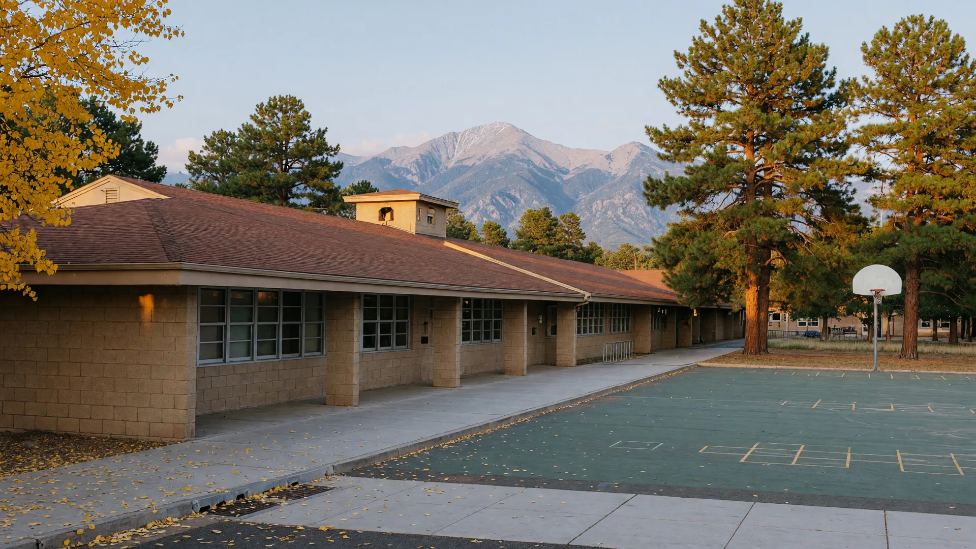 A southwestern school campus in Flagstaff in golden September light, framed by ponderosa pines with the San Francisco Peaks behind