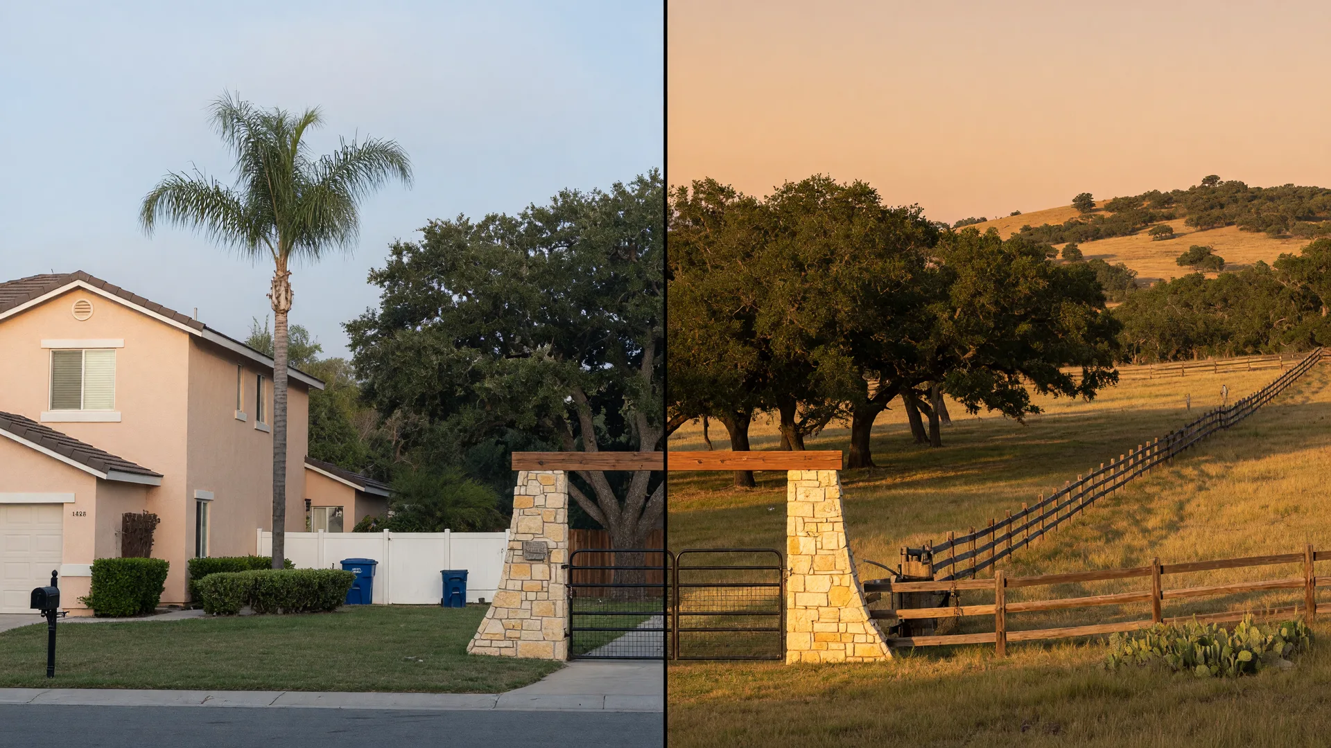 Split-screen editorial photograph of a suburban California investment home with a palm tree on the left and Texas Hill Country ranch land with live oaks and a limestone gate on the right, representing a like-kind 1031 exchange across state lines