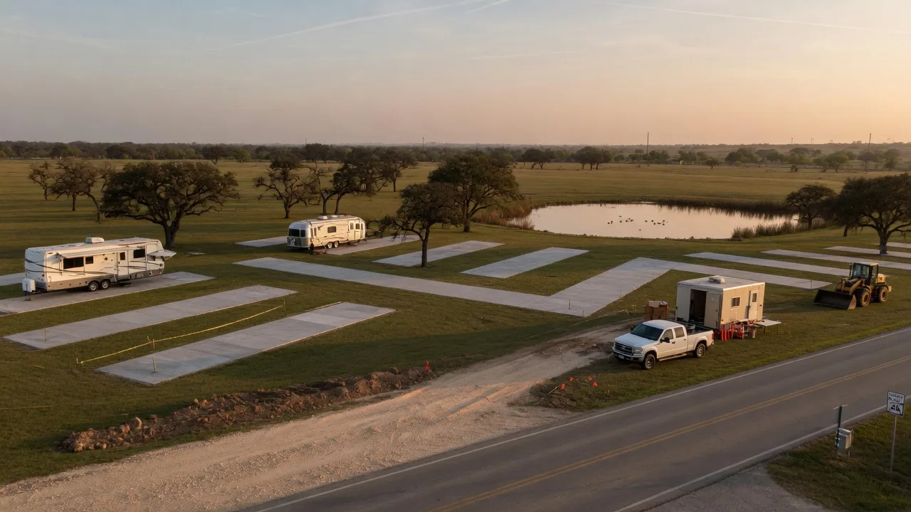 A new RV park and campground taking shape in the Texas countryside beside a two-lane county road with concrete pads, parked travel trailers, live oaks, and a pond