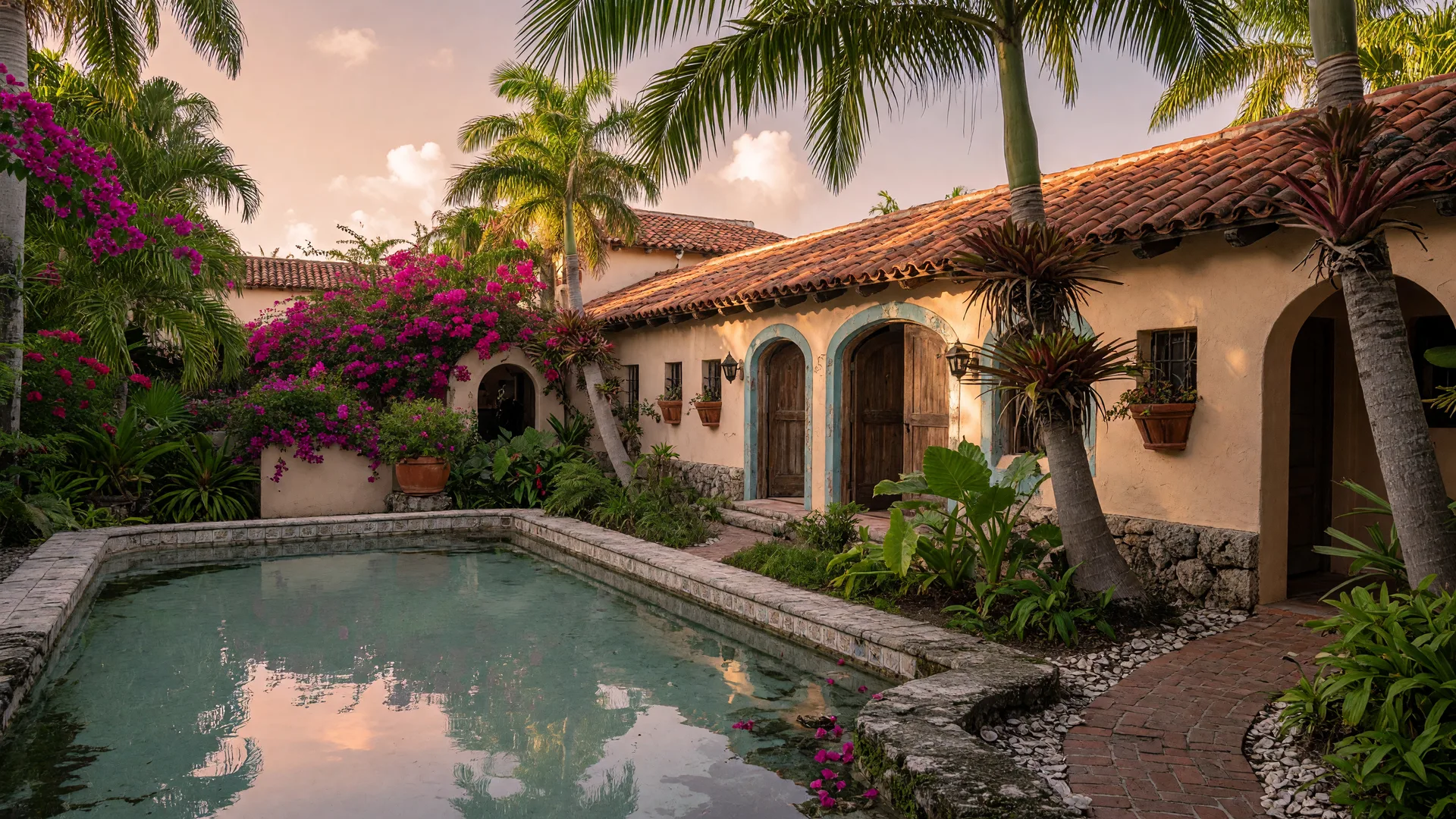 Historic 1920s Shangri-La Springs hotel in Bonita Springs, Florida with cream stucco walls, arched doorways, terracotta roof tiles, and tropical palms around a calm mineral spring pool