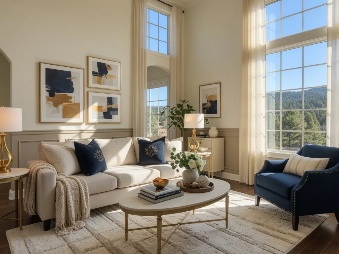 A bright, professionally staged Colorado Springs living room in warm afternoon light