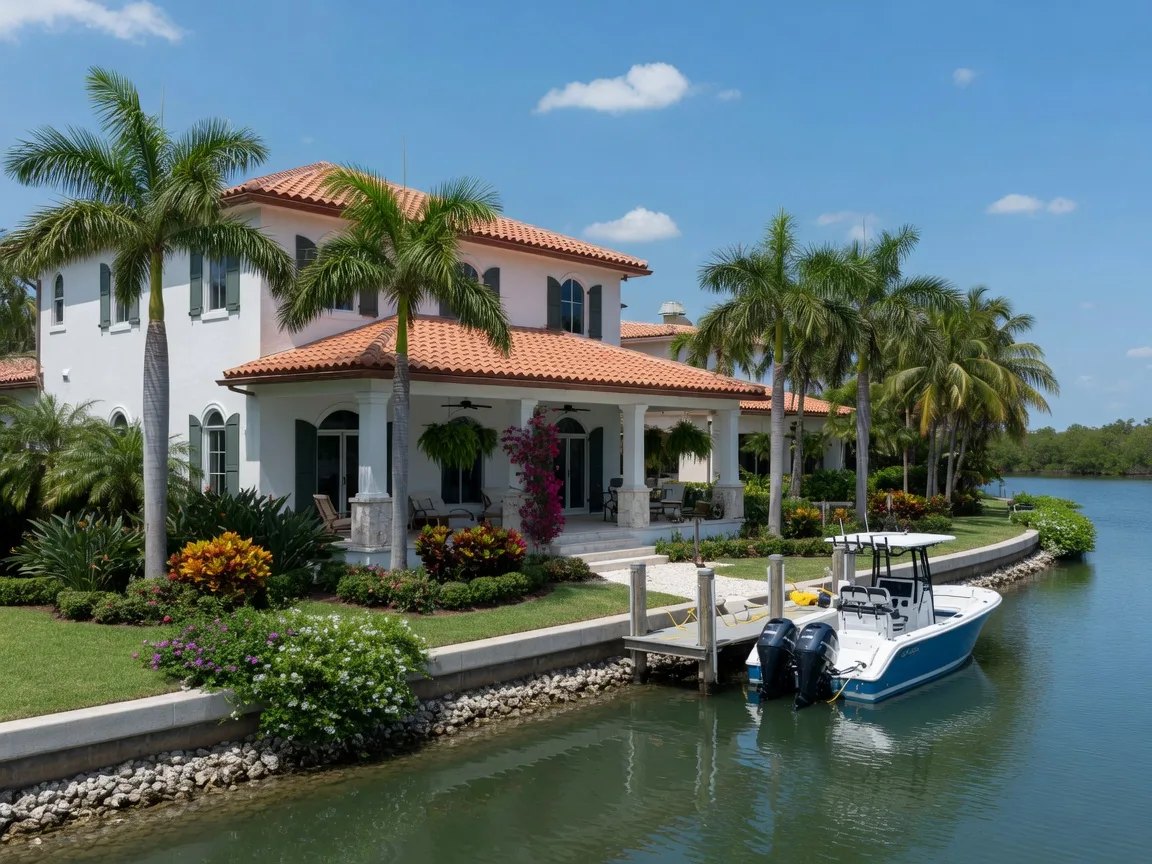A Naples canal-front home with a boat docked along the seawall, palms, and calm canal water