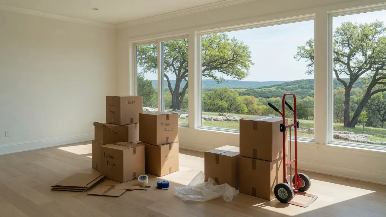 Moving boxes in a bright new Hill Country living room with big windows