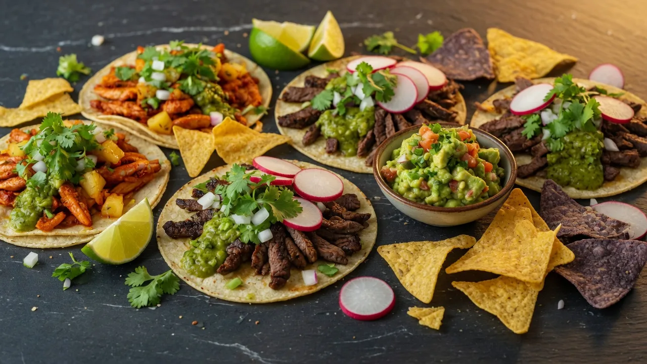 Mexican tacos with salsa, lime, and guacamole