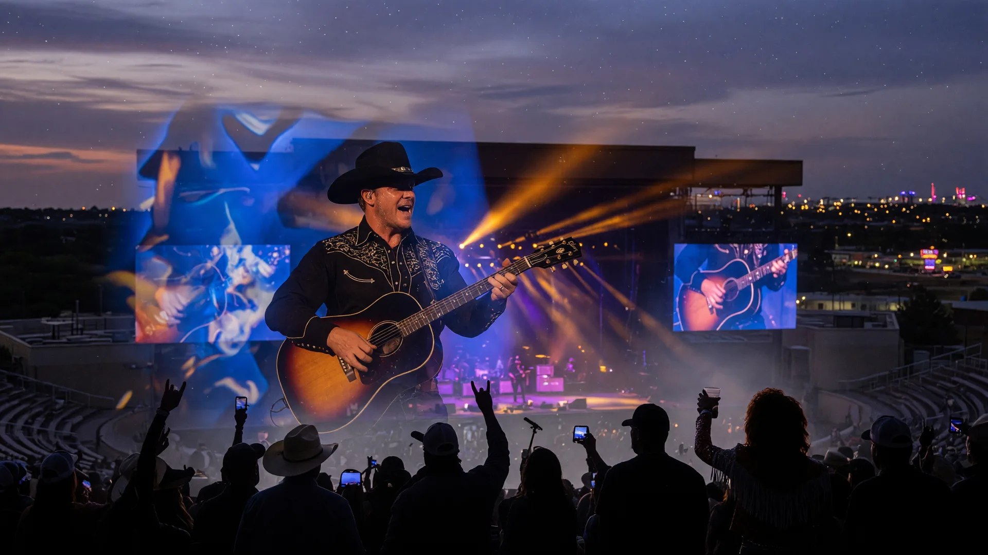 Country music concert at an outdoor amphitheater near a casino resort with a guitarist on stage under dramatic blue and amber lights and a crowd silhouetted against a twilight sky