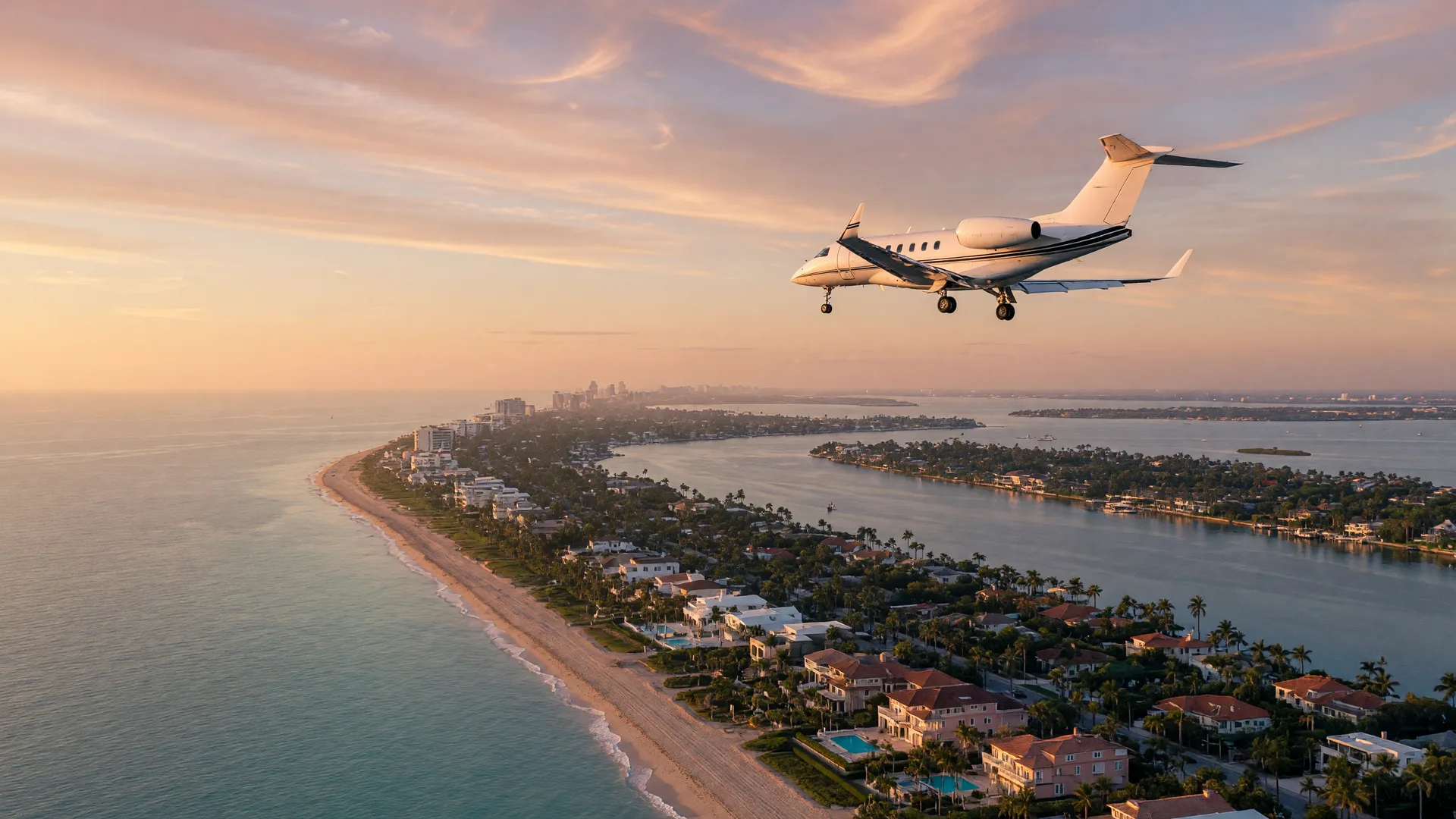 A white private business jet descending over the Palm Beach coastline at golden hour, where VIP temporary flight restrictions are set for October 16-18, 2026