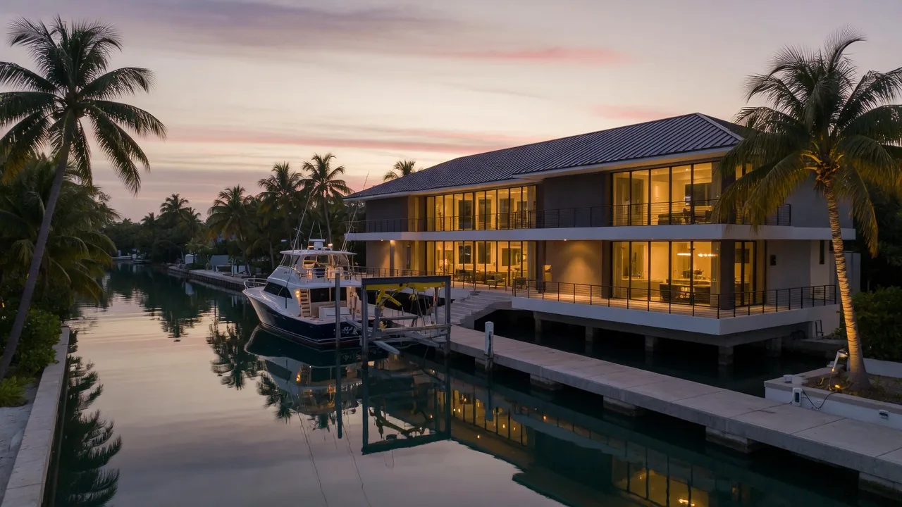 A contemporary elevated luxury waterfront estate in the Florida Keys at dusk, standing-seam metal roof, floor-to-ceiling impact glass glowing warm amber, a private concrete dock with a boat lift and sportfishing yacht on a deep-water canal reflecting a champagne and lavender sky