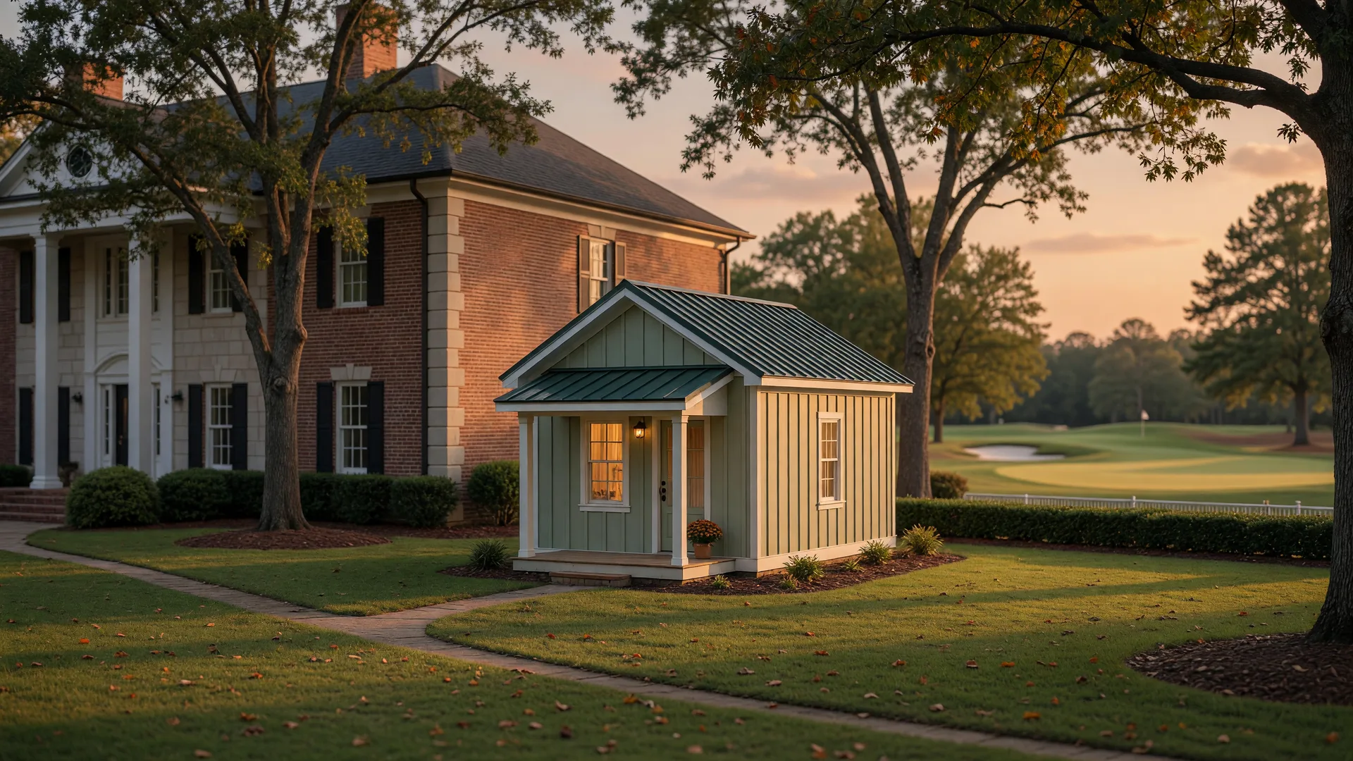 Golden-hour view of a newly built backyard cottage behind a brick-and-stone home in a Georgia golf course community, representing the 2026 accessory dwelling unit trend