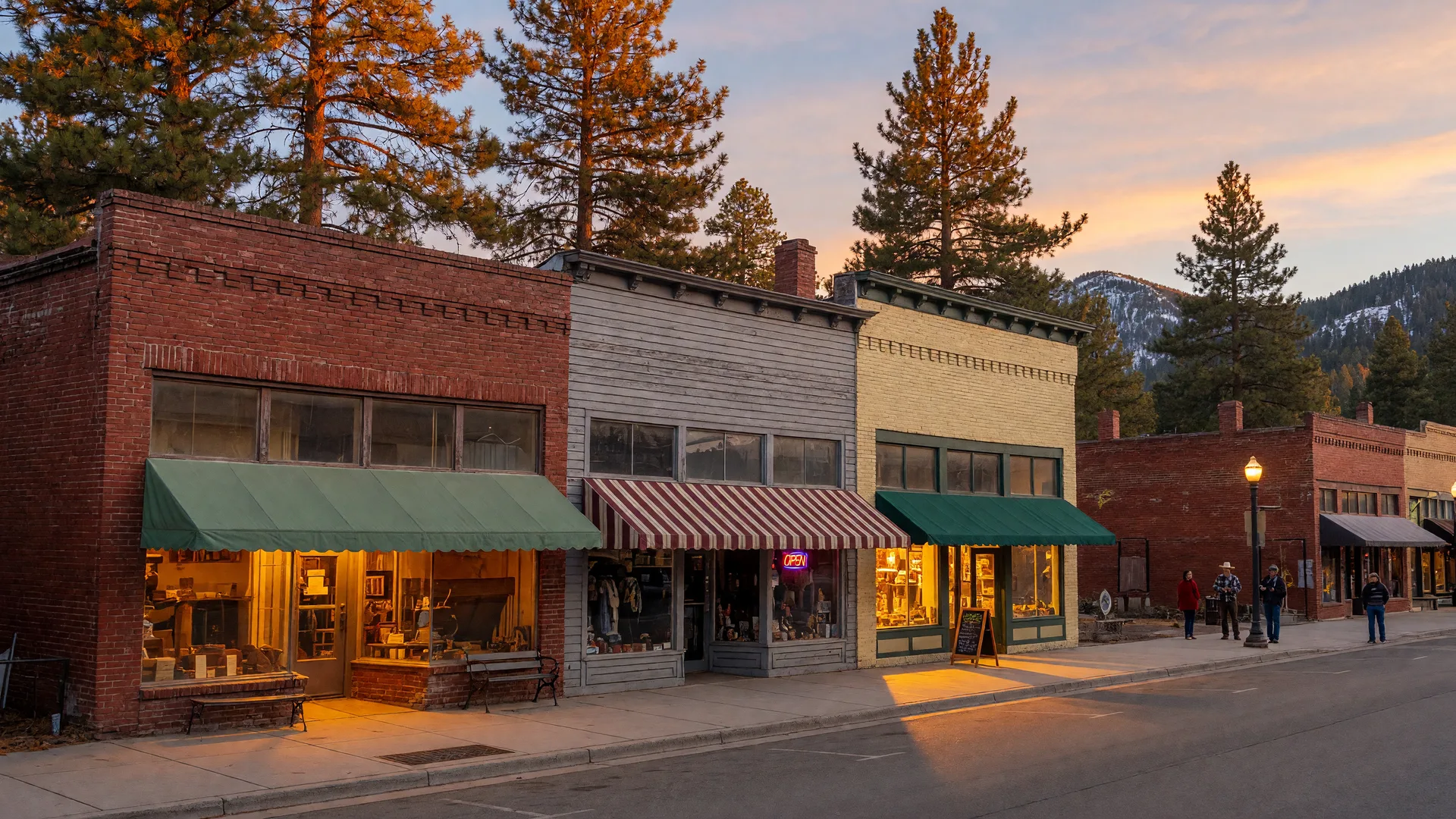 Brick and wood retail storefronts along a Flagstaff Main Street at golden hour