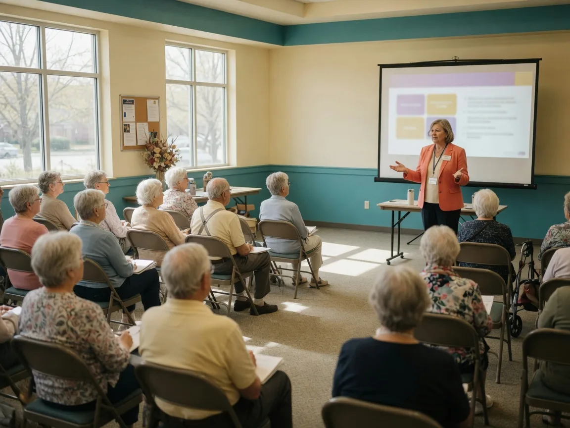 A professional speaker presenting to residents and families in a senior community event room