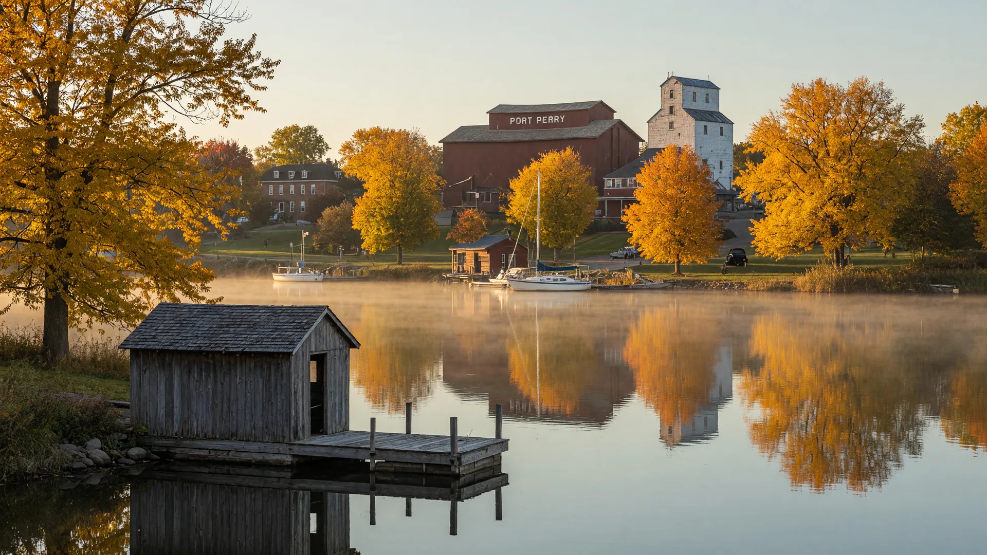The Lake Scugog waterfront near Port Perry in late October, a wooden dock and boathouse over calm water reflecting amber autumn maples, with the historic red-brick mill rising in the distance