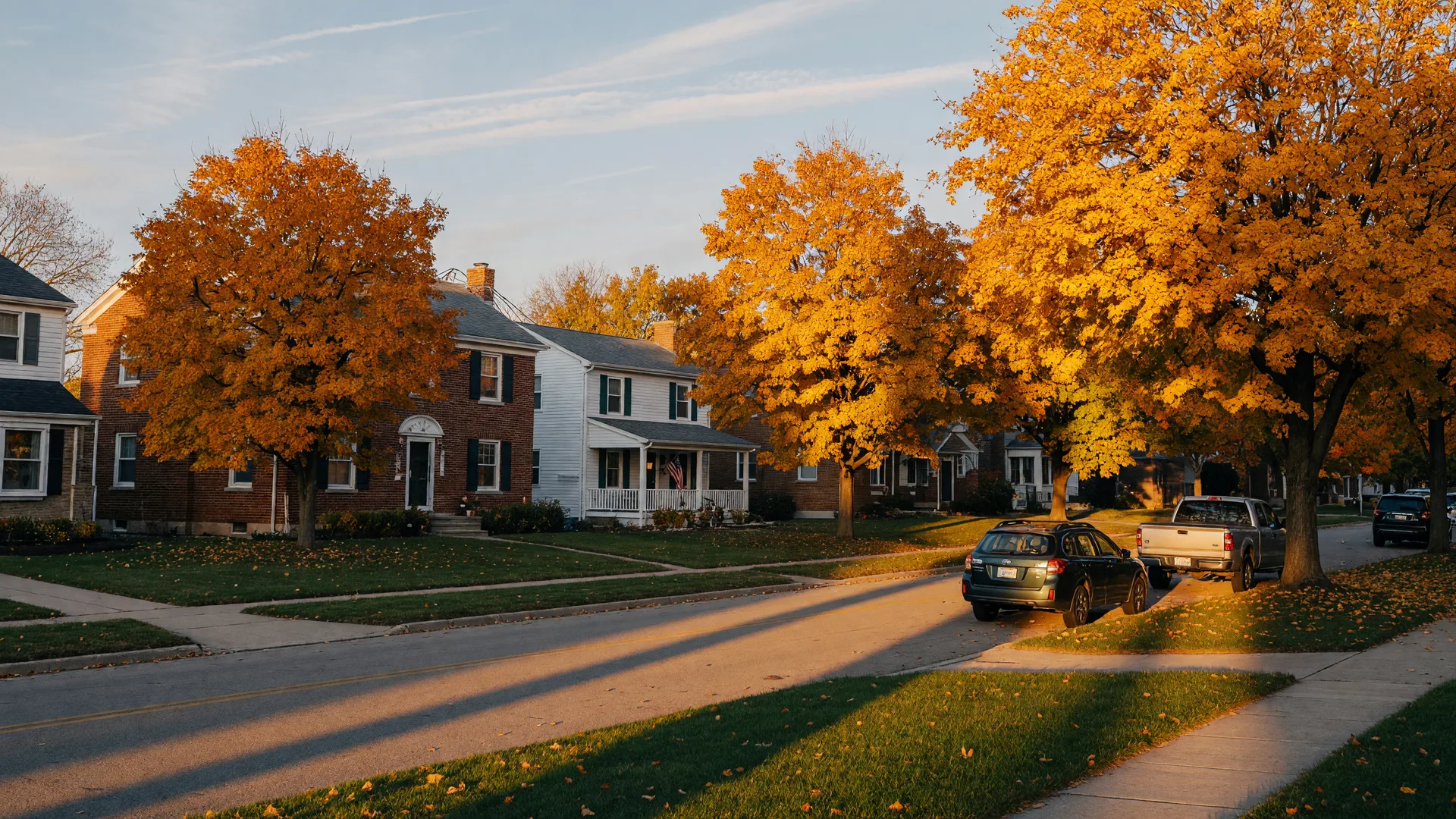 A residential street in Peoria in late October, maple trees in full gold and amber above tidy midwestern houses