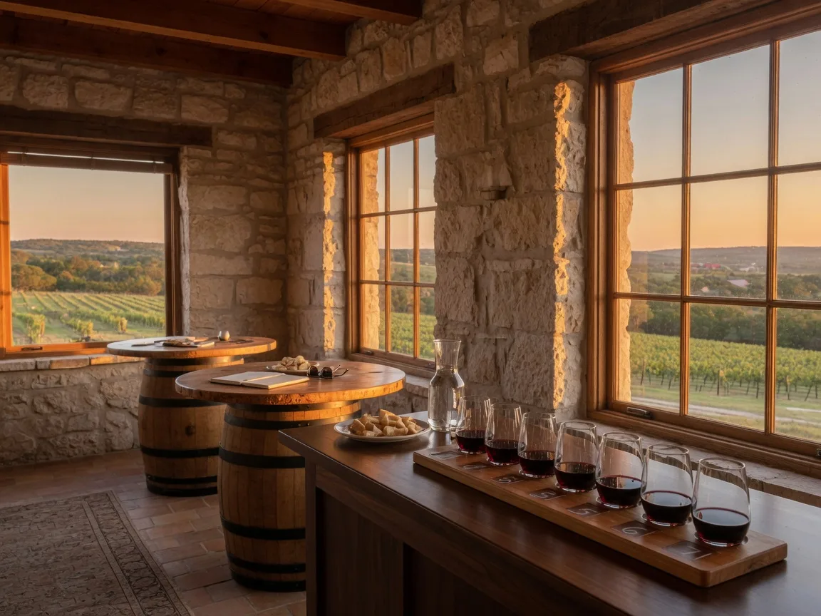 Warm interior of a Hill Country winery tasting room in Fredericksburg with limestone walls, wooden barrels, and a wine flight on the bar
