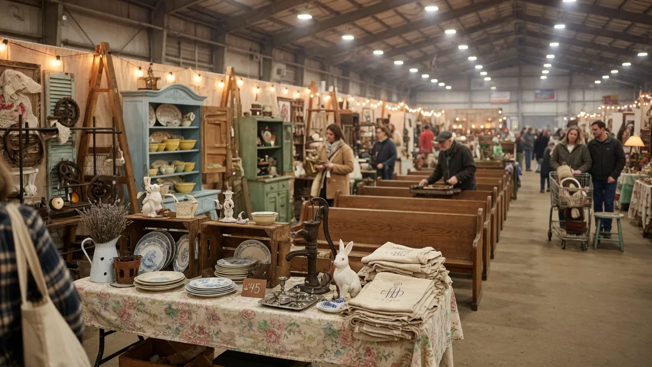 A vintage and antique market inside an exhibition hall with long rows of curated vendor booths and handmade goods under warm overhead lights