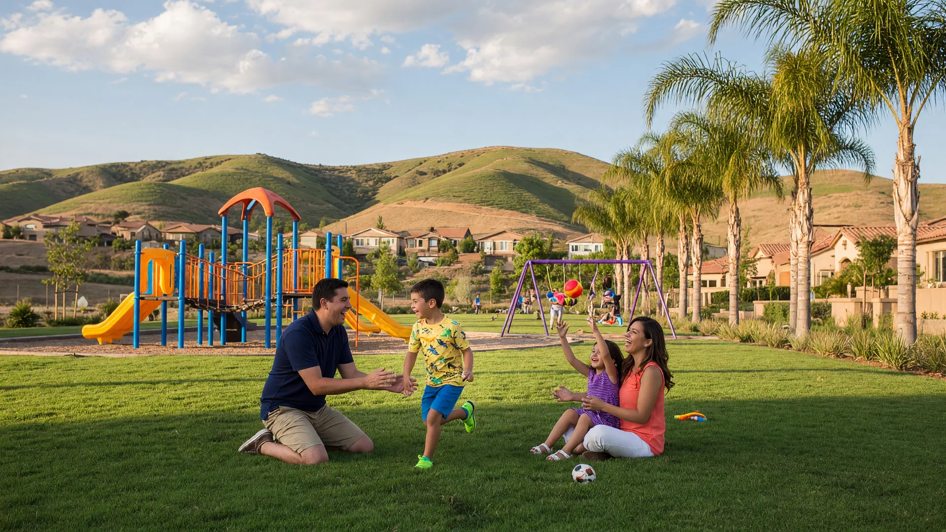 Happy family playing on a sunny green lawn at a community park in Murrieta, California