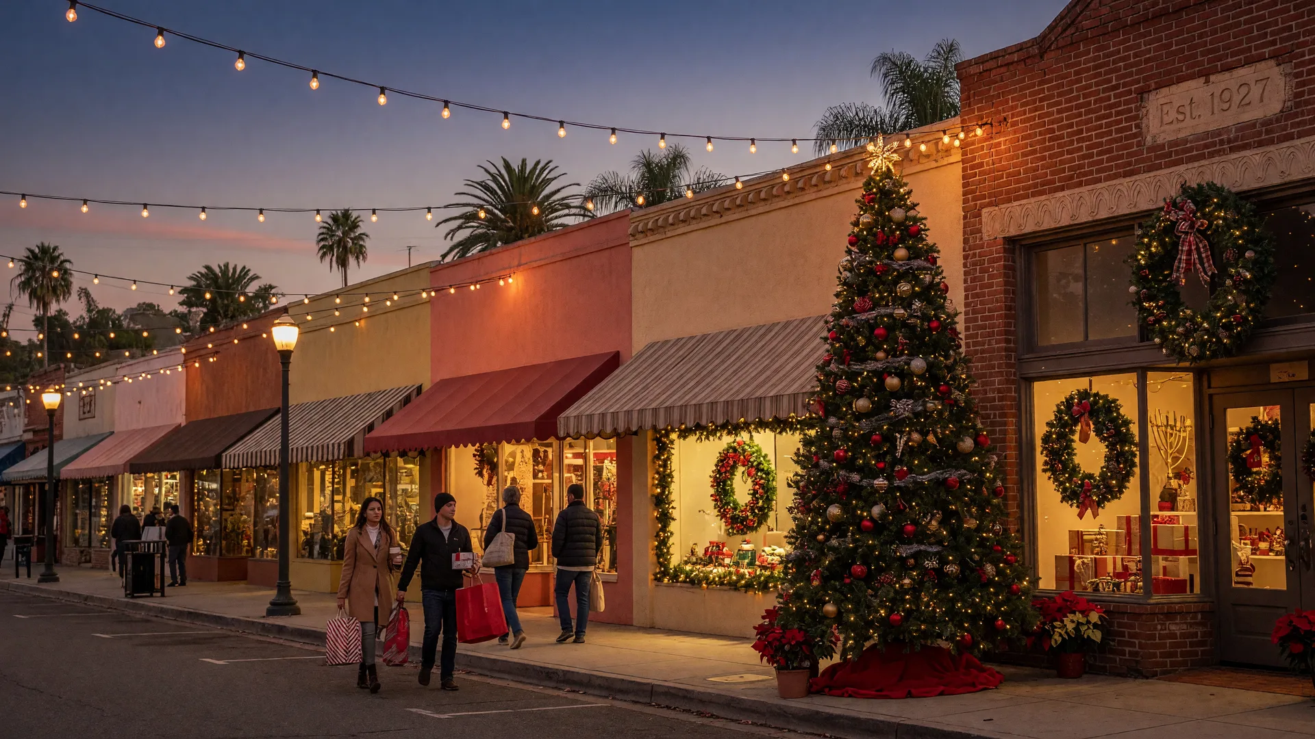 A small-town main street at dusk during the holidays with glowing storefronts, string lights and a decorated Christmas tree