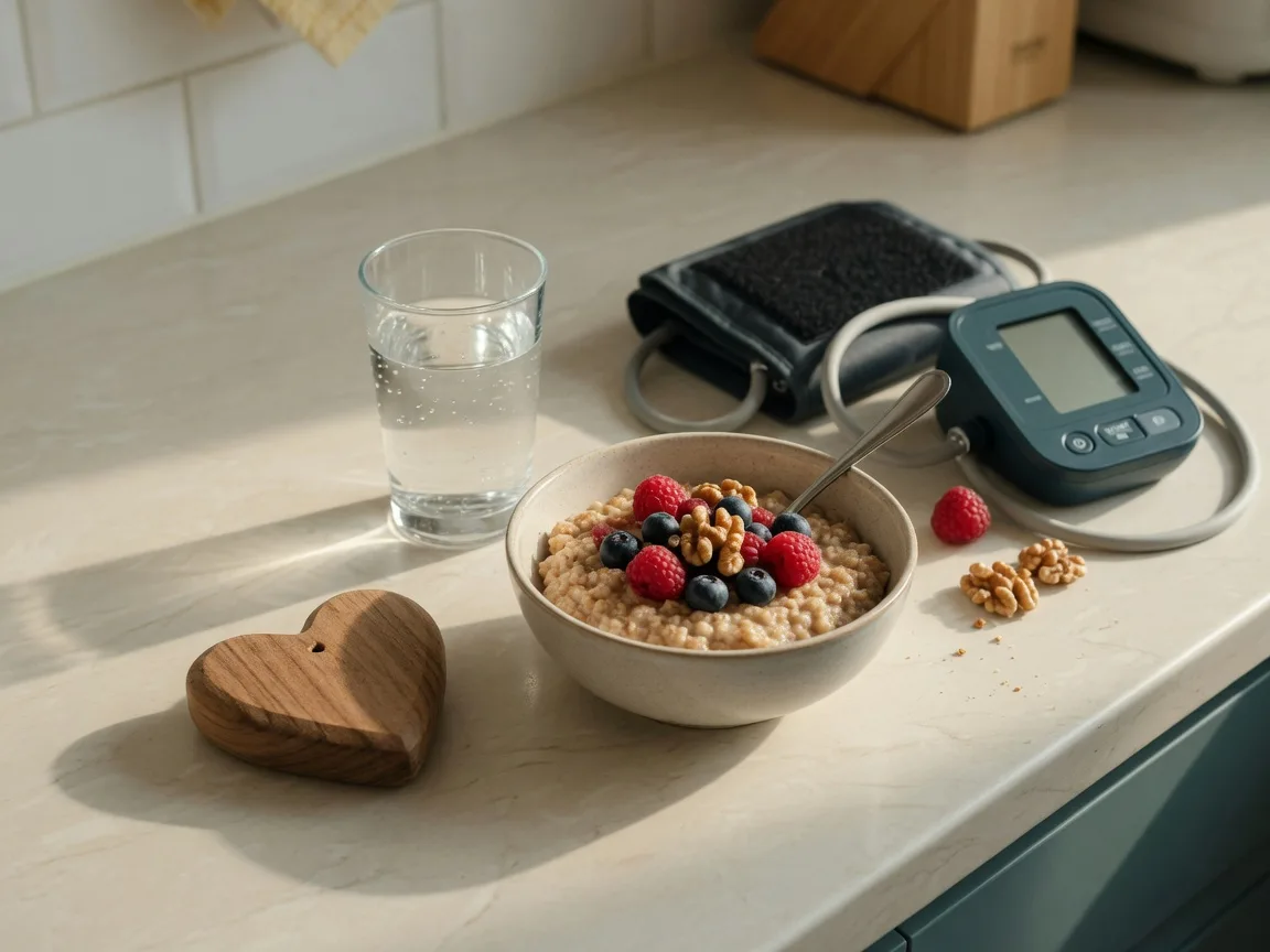 A heart-shaped wooden object beside a bowl of oatmeal with berries and walnuts and a blood pressure monitor on a kitchen counter