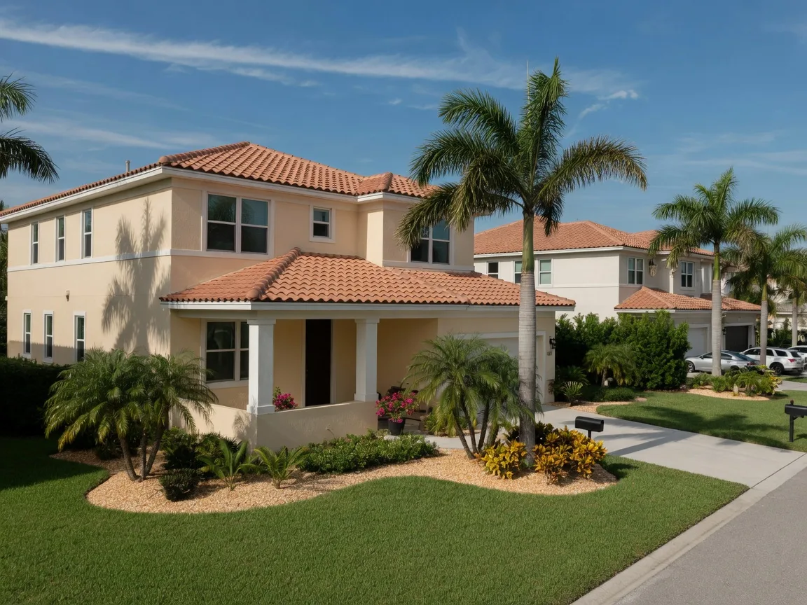 Modern single-family home in a North Naples community with palm trees, a barrel-tile roof, and a landscaped front yard