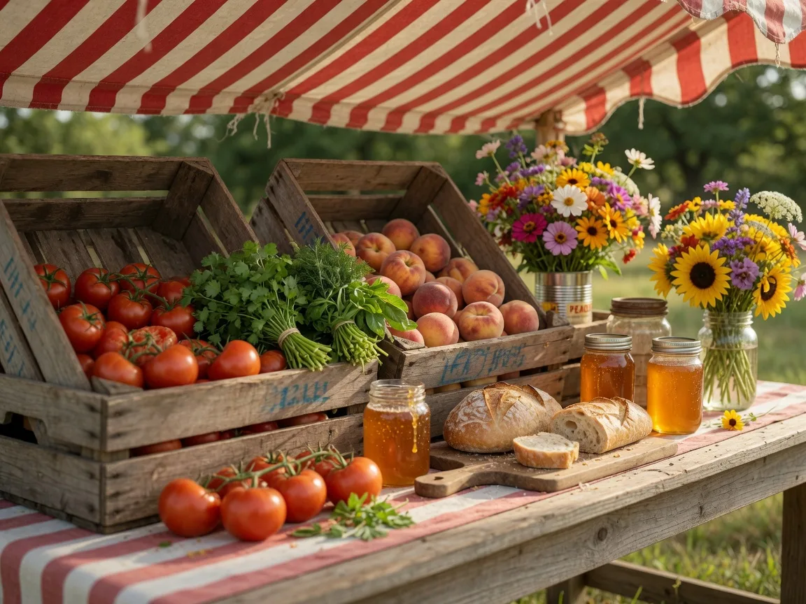 Fresh produce, honey and baked goods at a Sunday market stand in Wimberley