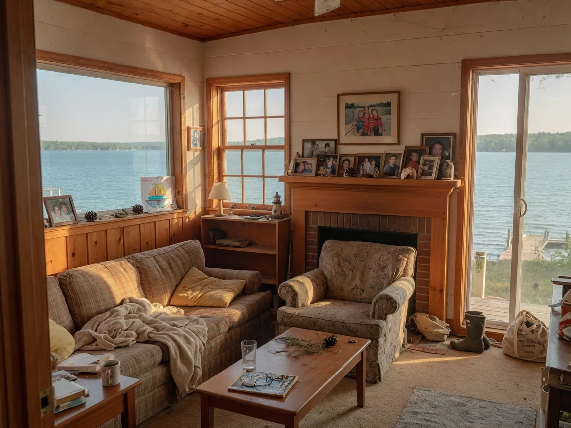 A sunlit vacation home living room with large windows overlooking a lake, wooden interior, comfortable furniture, and family photos on a mantle