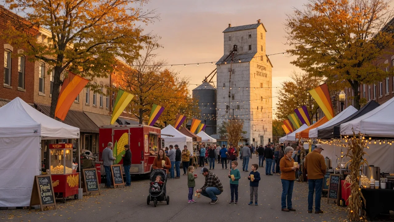 A warm late-summer weekend on a small-town Ohio Main Street with vendor tents, colorful festival banners, and families strolling under string lights and golden autumn leaves