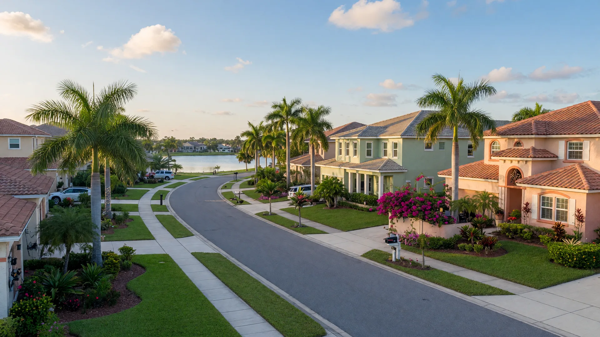 Residential street in a Southwest Florida community with Mediterranean-style homes, tropical landscaping, and lake views