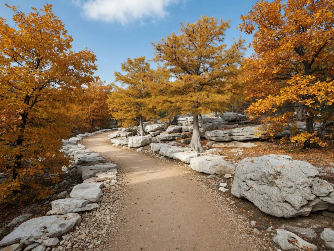 Autumn trail with golden leaves and limestone outcroppings on the WIC Fall Trek