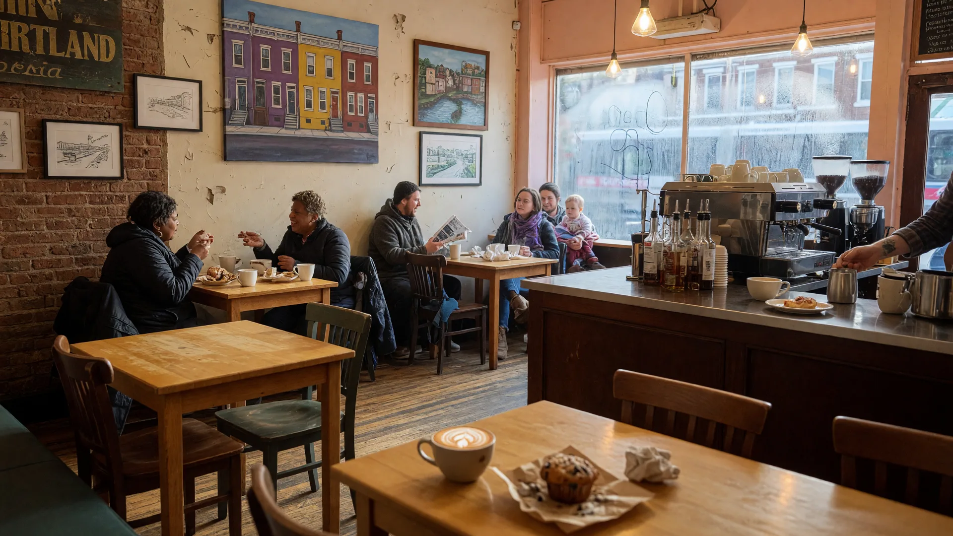 Grays Ferry Cafe with warm interior and coffee bar