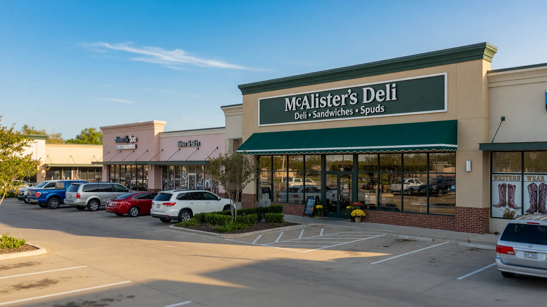 Modern deli restaurant exterior in a retail strip center with warm mid-morning sunlight on a Texas commercial corridor