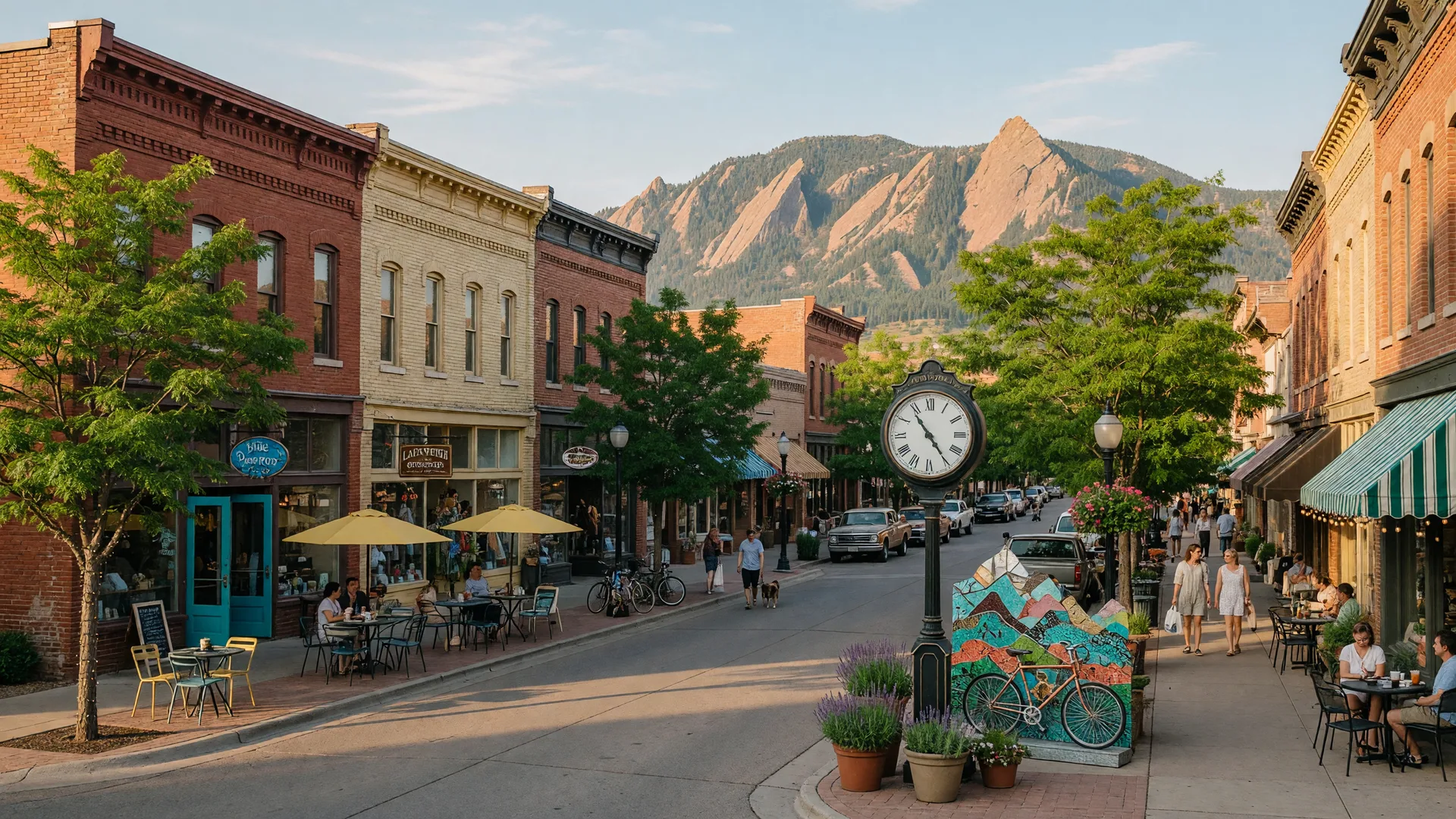 Old Town Lafayette with historic brick buildings and Flatirons mountain backdrop