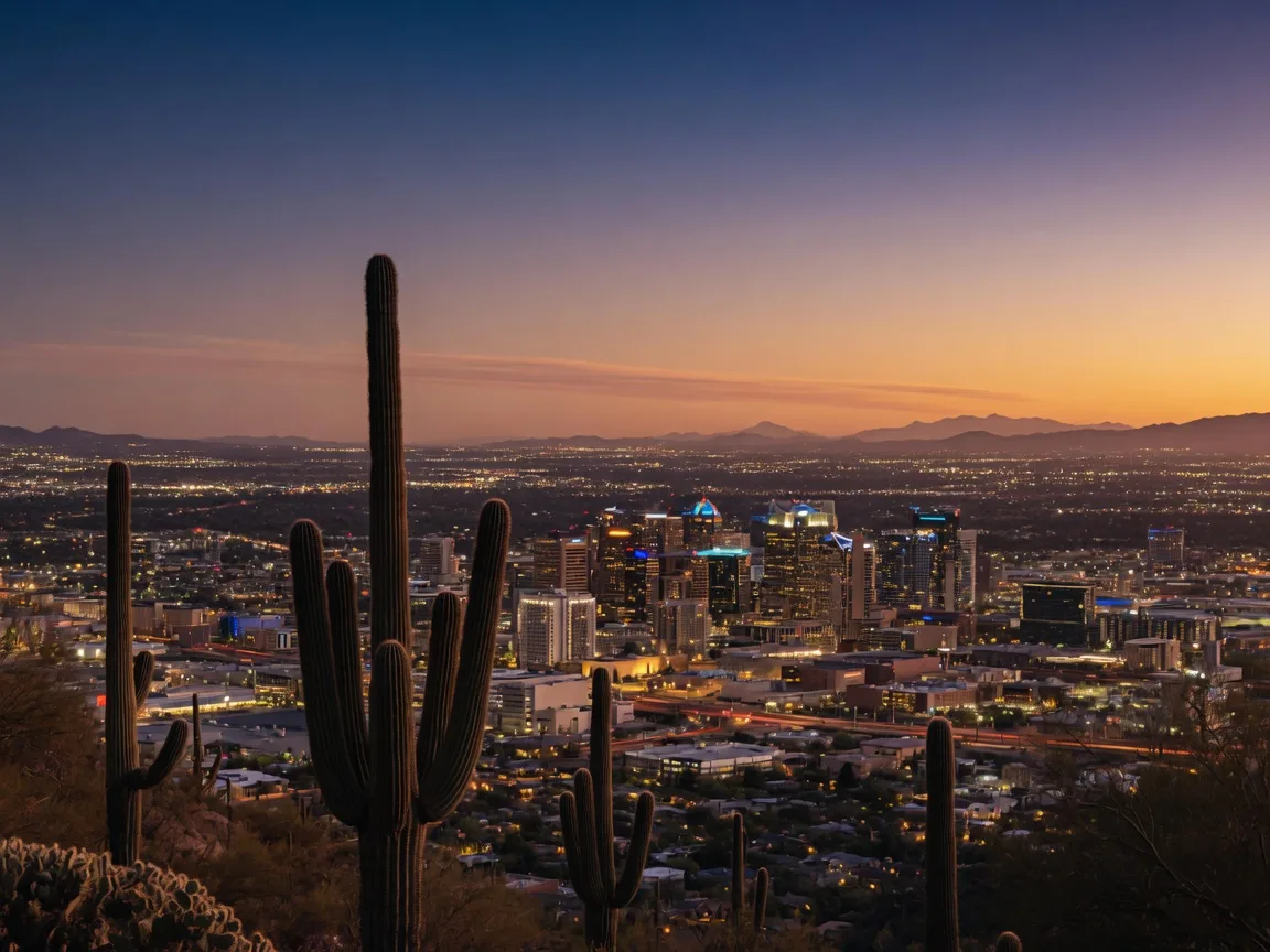 Downtown Phoenix skyline at dusk from a desert overlook with saguaro silhouettes