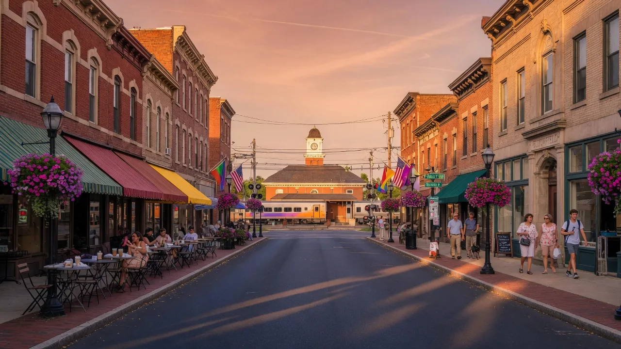 Downtown Bloomfield New Jersey on a warm late summer afternoon along Broad Street with brick and stone storefronts, outdoor cafe seating under awnings, hanging flower baskets, pedestrians, and the classic small-town main street atmosphere with the train station in the distance