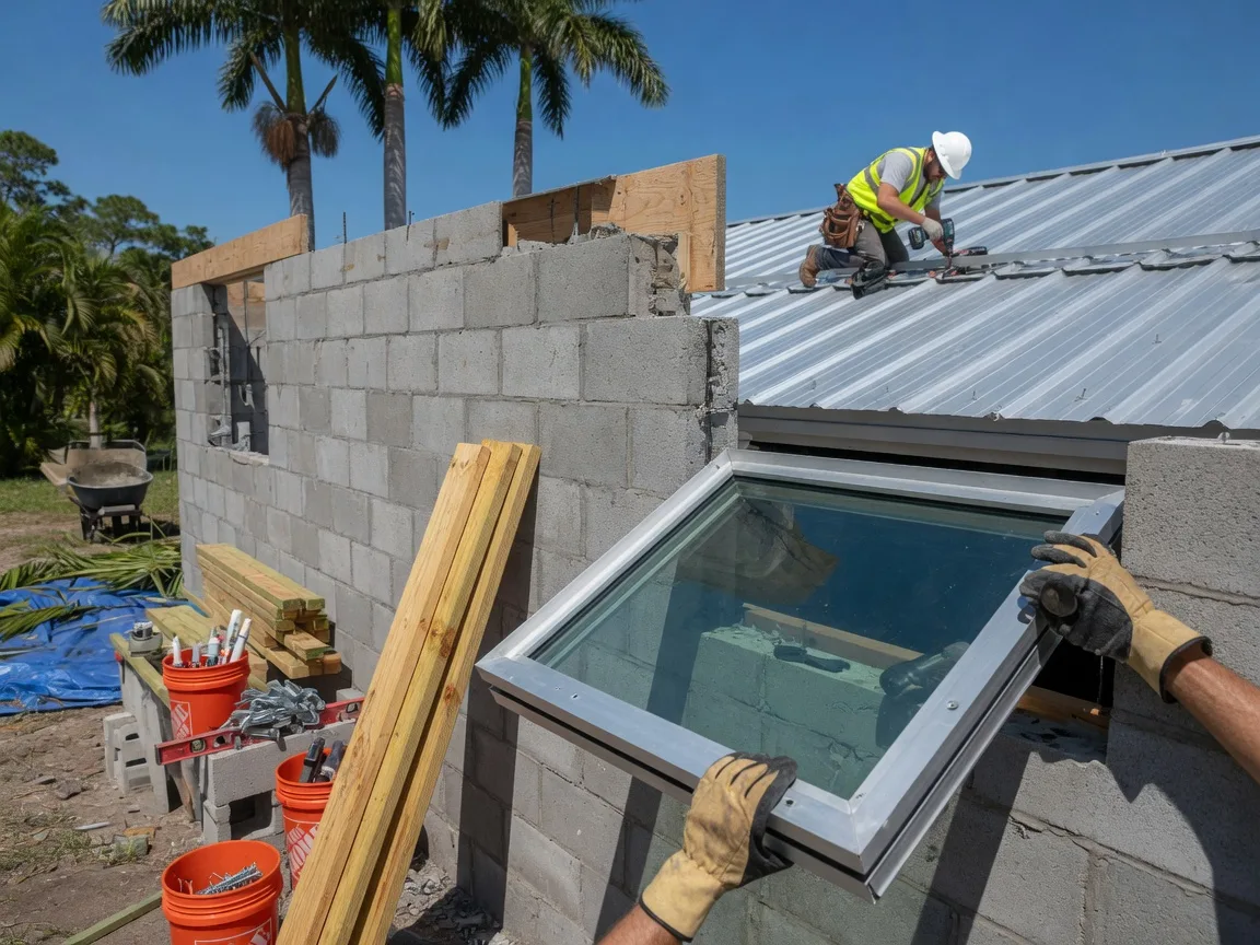 Construction workers setting an impact-rated hurricane window into a concrete block wall on a Naples home under a clear blue sky