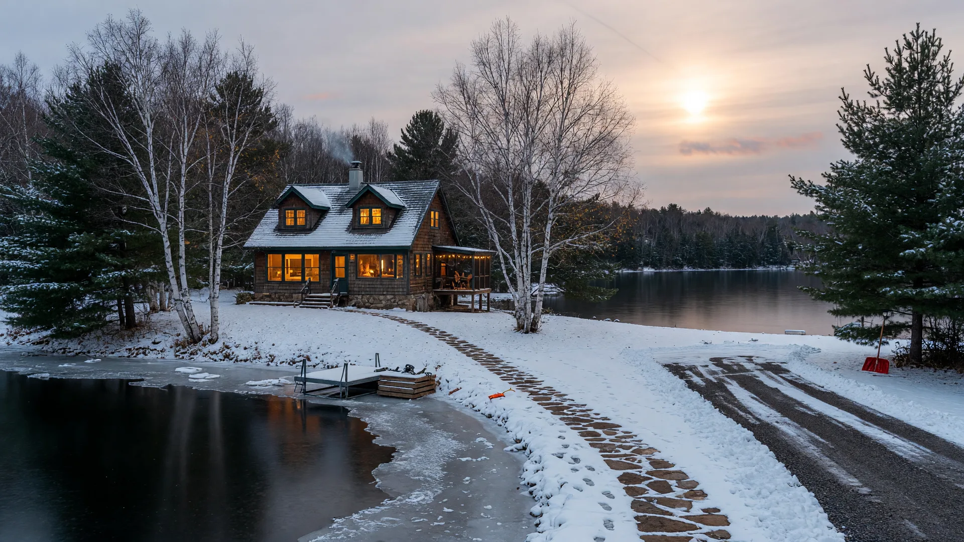 Minnesota lake home in late October edging into early winter, snow-dusted shoreline with the dock already pulled for the season, warm windows glowing among bare birch and pine trees