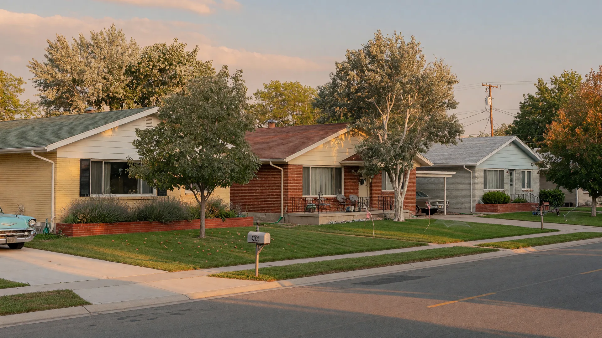 Quiet 1950s mid-century suburban street in Sandy, Utah with ranch-style homes, mature shade trees, and warm golden-hour light