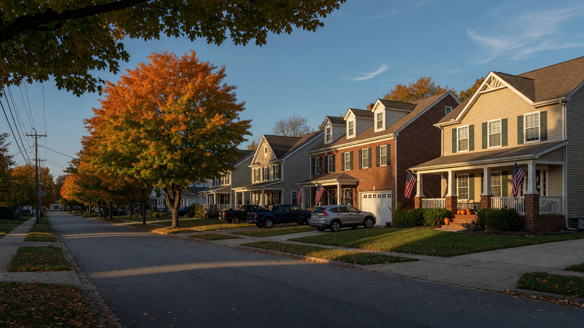 A curving, tree-lined suburban street in Miamisburg, Ohio in mid-October with newer two-story craftsman and brick-trimmed colonial homes, maples and oaks turning orange and gold in warm late-afternoon light