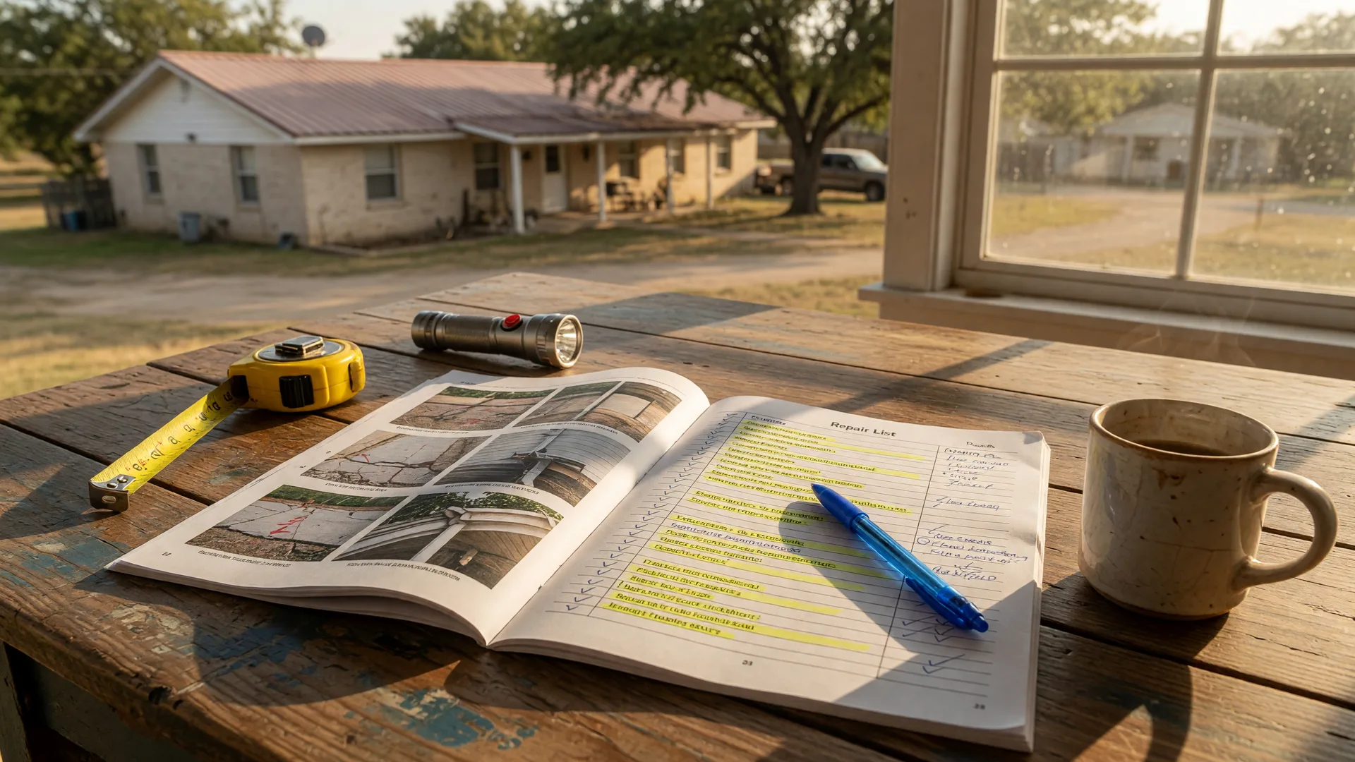 An open home inspection report with photo pages and a highlighted repair list on a wooden table beside a pen, tape measure, and coffee mug in warm Texas light, the paperwork behind negotiating repairs after a home inspection
