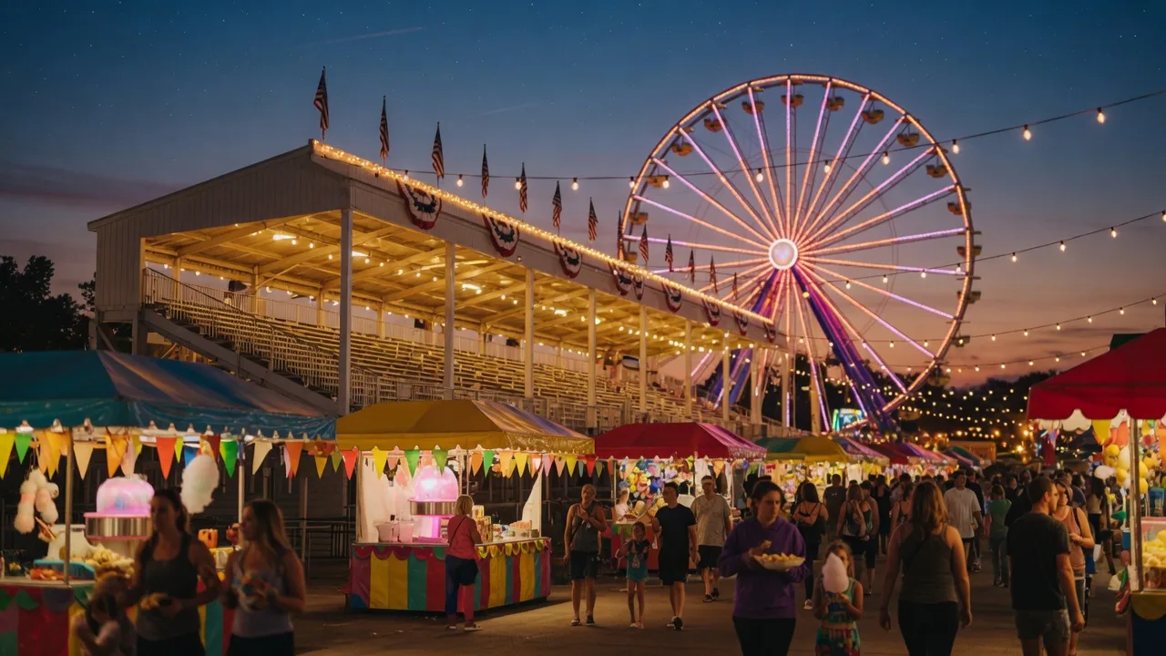 The glowing grandstand and ferris wheel of the Minnesota State Fair at dusk, warm lights over festival booths and evening crowds