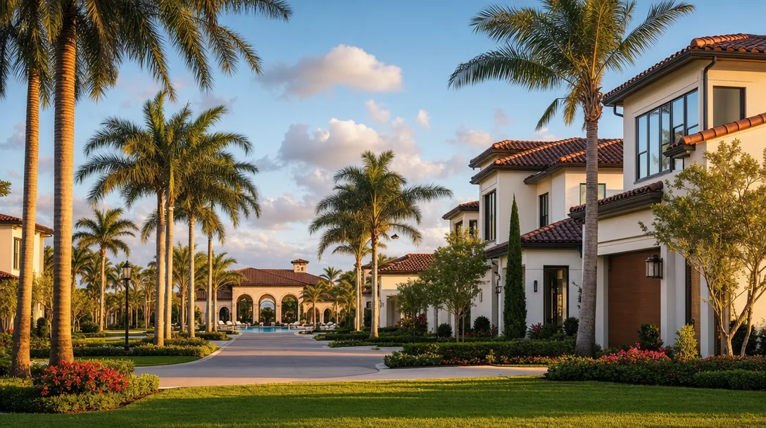 Aerial view of a luxury new construction gated community in South Florida with modern Mediterranean-style homes, palm trees, and resort-style amenities