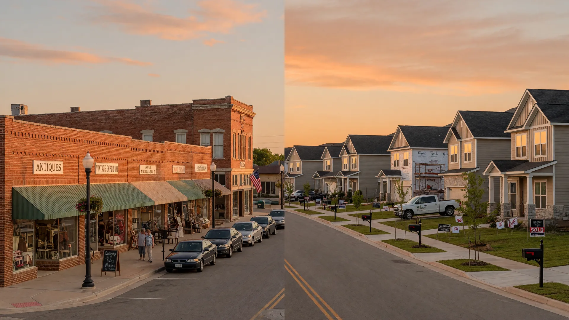 Split scene showing Jenks' charming downtown and Glenpool's newer residential developments at golden hour
