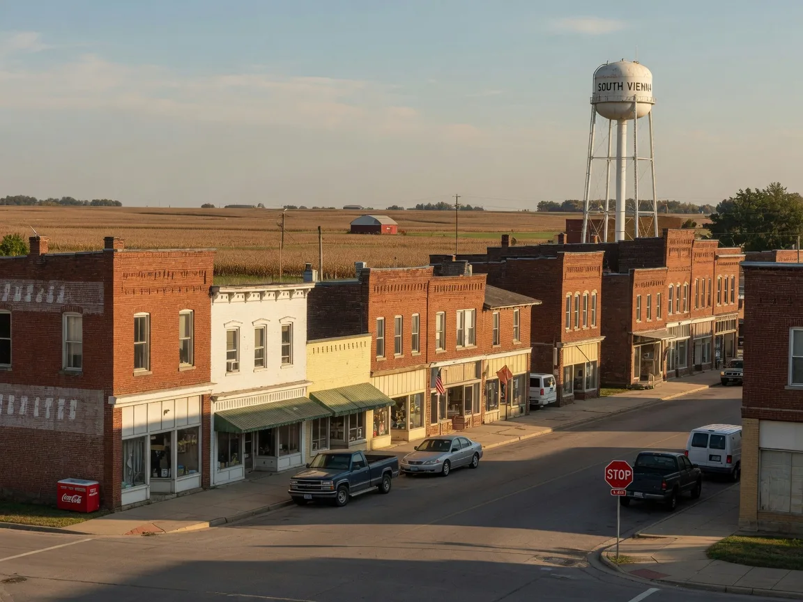 Historic small-town main street in South Vienna Ohio with early-1900s storefronts and a water tower in the distance