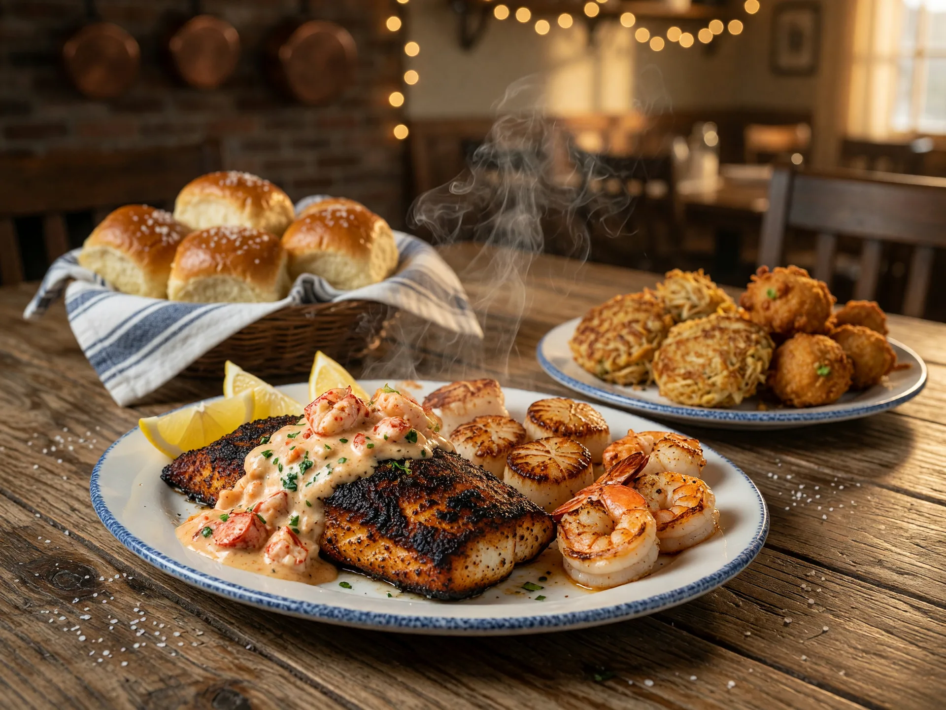 Blackened grouper with shrimp and scallops in lobster cream sauce, crab cakes, hush puppies, and buttered rolls at Coastal Breeze Seafood Grill in Buford Georgia