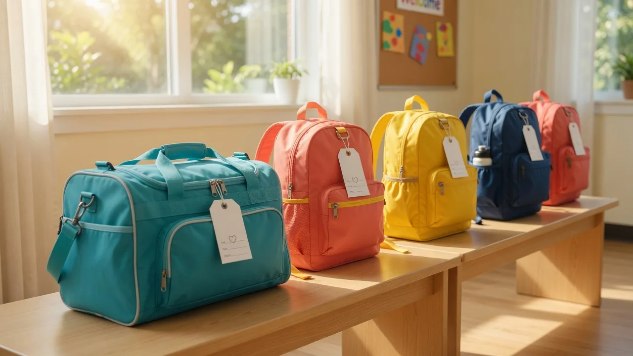 Brand-new duffel bags and backpacks in bright colors lined up on a wooden bench in a sunlit community room, ready for children in foster care