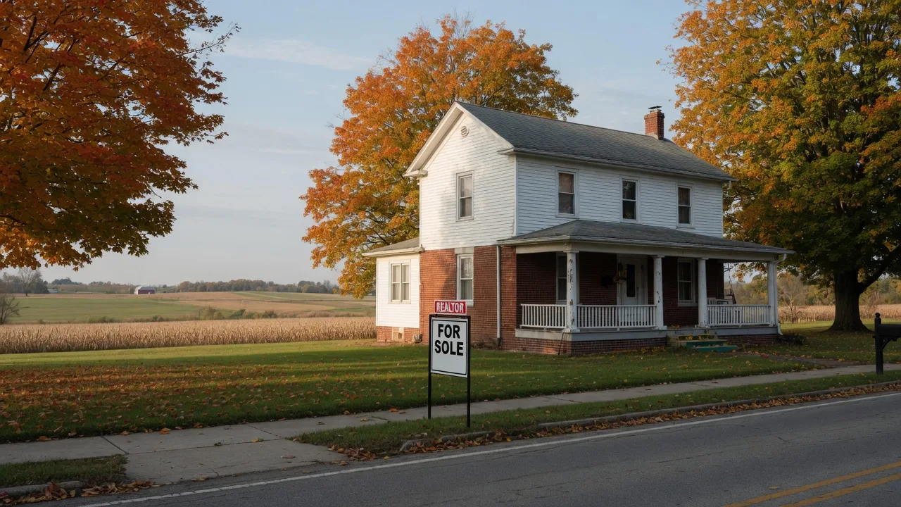 A welcoming two-story brick-and-siding home in rural southwest Ohio in early autumn, with a front porch, a For Sale sign in the yard, and golden maple and oak trees just beginning to turn