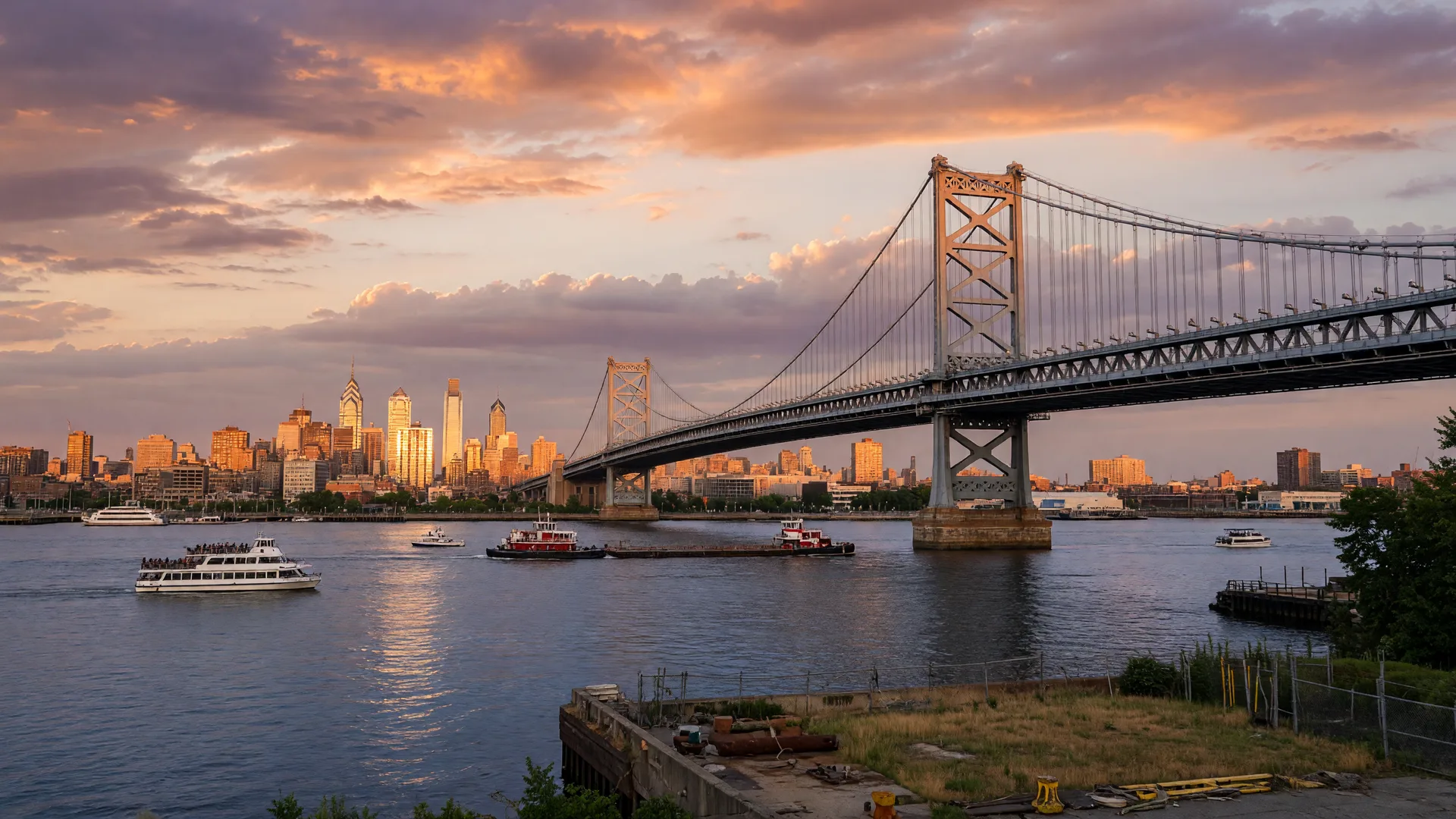 Delaware River bridge connecting South Jersey to Philadelphia at sunset
